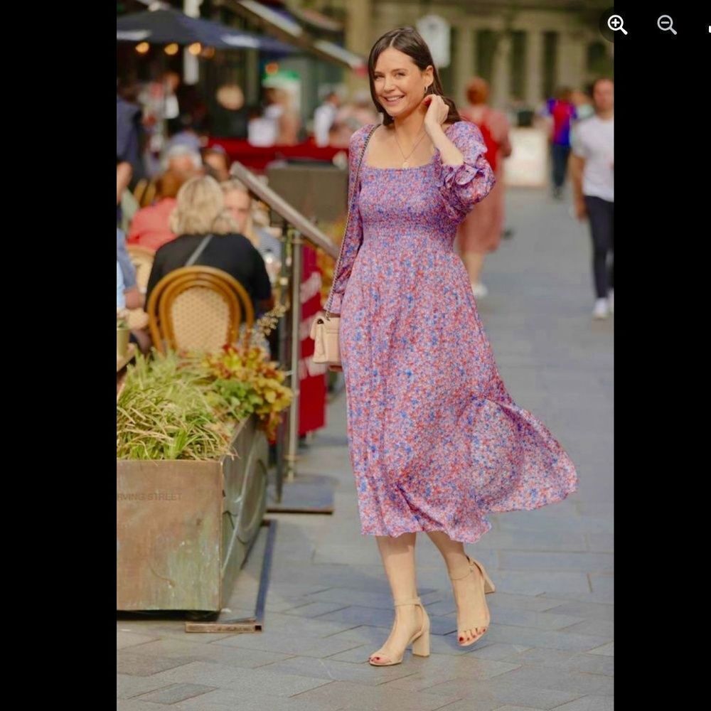 Aspiga Nancy Satin Puff Sleeve Shirred Midi Dress Floral Print Blue Pink Red
